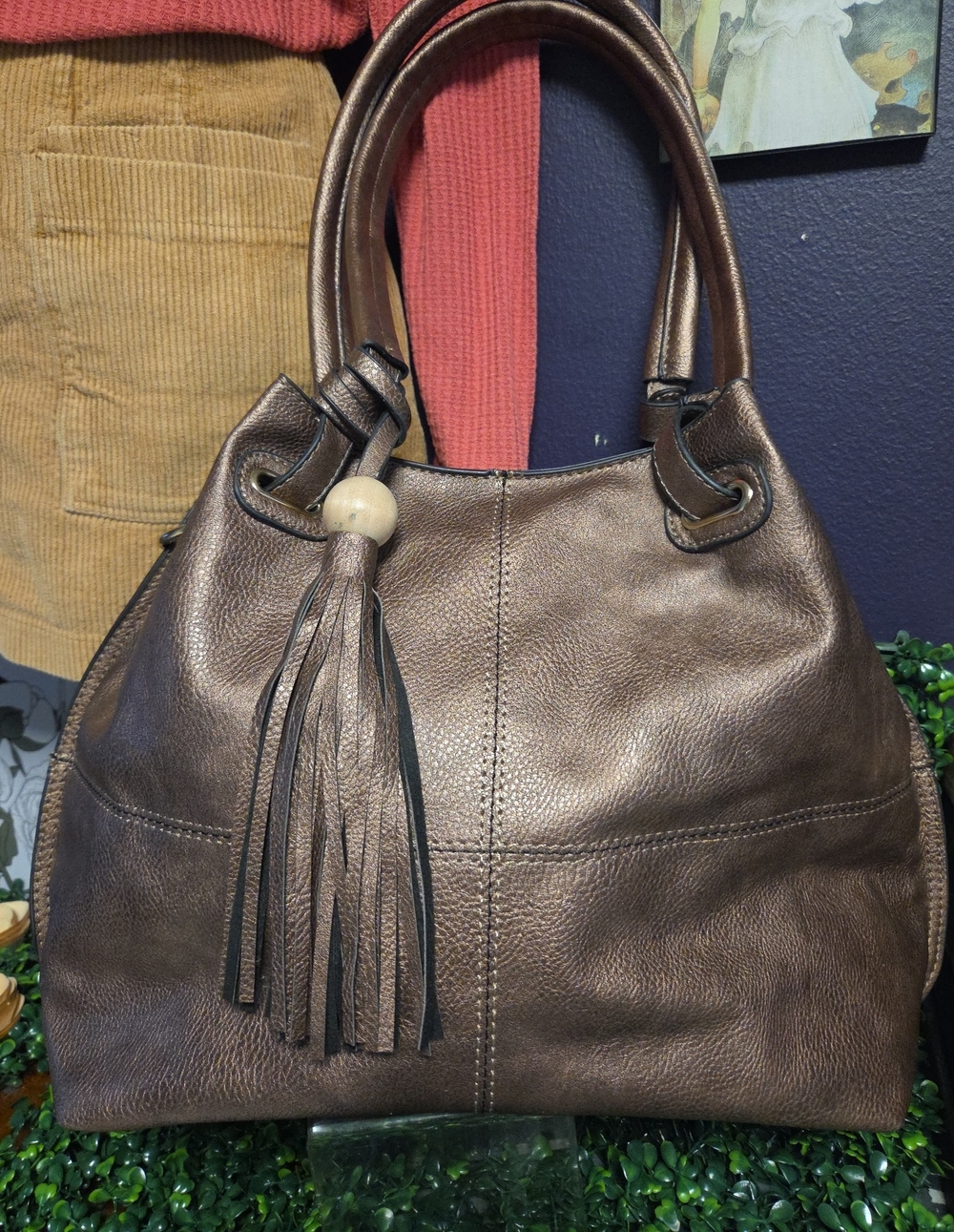 Big Metallic Brown Slouchy Double Handle Shoulder Bag